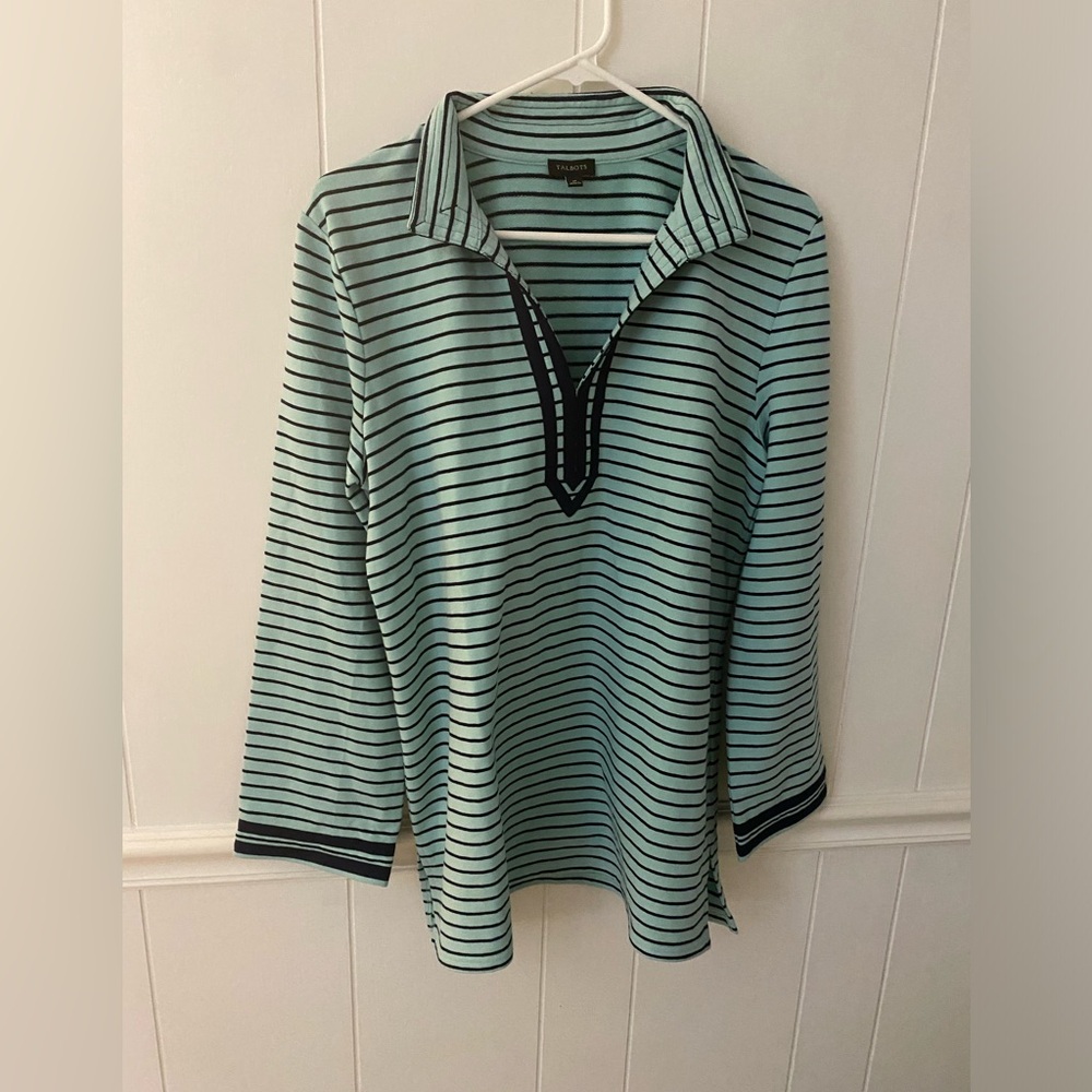 Talbots  Women's Mint Green Blue Striped Long Sleeve Knit Top Size M